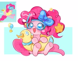 Size: 2048x1639 | Tagged: safe, artist:chonpsk, pinkie pie, earth pony, pony, g4, balloon, blush sticker, blushing, bow, cute, diapinkes, female, hair bow, inner tube, mare, open mouth, passepartout, pool toy, screencap reference, smiling, snorkel, solo