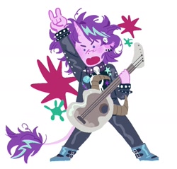 Size: 1582x1510 | Tagged: source needed, safe, artist:cellolikescat, starlight glimmer, equestria girls, g4, collar, devil horn (gesture), electric guitar, guitar, horn, leonine tail, musical instrument, punklight glimmer, simple background, solo, spiked collar, spiked wristband, tail, tailed humanization, trixie's cutie mark, white background, wristband