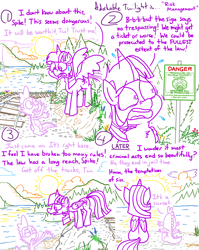 Size: 4779x6013 | Tagged: safe, artist:adorkabletwilightandfriends, spike, twilight sparkle, alicorn, comic:adorkable twilight and friends, g4, adorkable, adorkable twilight, back, back of head, butt, cloud, comic, confident, cute, dork, duo, duo male and female, female, flower, grass, hill, male, nature, nervous, plot, river, rock, scared, scenery, sign, sitting, slice of life, sliding, sunset, sweat, tracks, train tracks, tree, twilight sparkle (alicorn), water, worried