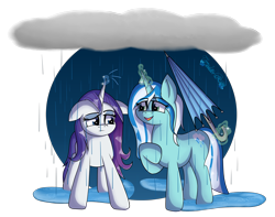 Size: 6296x4961 | Tagged: safe, artist:tenderrain-art, rarity, oc, oc:tender rain, pony, g4, cloud, duo, floppy ears, magic, rain, simple background, transparent background, umbrella, wet, wet mane