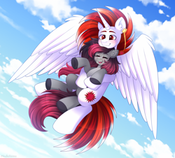 Size: 3000x2712 | Tagged: safe, artist:madelinne, oc, oc only, oc:madelinne, oc:ryoku memori, alicorn, earth pony, alicorn oc, duo, earth pony oc, female, flying, happy, horn, jewelry, male, mare, stallion, wings