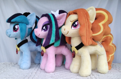 Size: 2167x1412 | Tagged: safe, artist:azdaracylius, adagio dazzle, aria blaze, sonata dusk, earth pony, pony, g4, earth pony adagio dazzle, earth pony aria blaze, earth pony sonata dusk, equestria girls ponified, female, irl, photo, plushie, ponified, trio, trio female