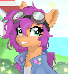 Size: 1421x1537 | Tagged: safe, artist:minecake, izzy moonbow, sunny starscout, earth pony, pony, g5, adorkable, aqua eyes, blue eyes, bucktooth, bush, bust, clothes, cute, dork, ear fluff, female, flower, fluttershy's cutie mark, freckles, goggles, goggles on head, green eyes, implied lesbian, implied moonscout, implied shipping, izzy moonbow's cutie mark, jacket, lesbian, lesbian pride flag, lighthouse, neck fluff, ocean, orange coat, orange fur, pin, portrait, pride, pride flag, pride pin, purple hair, purple mane, ship:moonscout, shipping, solo, twilight sparkle's cutie mark, water