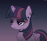 Size: 7400x6500 | Tagged: safe, artist:scarffist, twilight sparkle, alicorn, pony, g4, base used, broken, broken horn, bust, ear piercing, earring, emo, emo twilight, eyeshadow, fanart, female, goth, gradient background, horn, jewelry, makeup, piercing, portrait, sad, solo, twilight sparkle (alicorn)