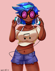 Size: 2550x3300 | Tagged: safe, artist:mylittleyuri, dj pon-3, vinyl scratch, human, g4, belly, belly button, blush lines, blushing, bra, bra strap, breasts, choker, clothes, collarbone, colored eyebrows, cute, cutie mark on clothes, dark skin, elf ears, eyebrows, eyebrows visible through hair, eyelashes, female, front view, glasses, headphones, heart, heart eyes, high res, holding, humanized, long eyelashes, looking at you, midriff, red background, short shirt, shorts, signature, simple background, smiling, smiling at you, solo, sunglasses, underwear, vinyl's glasses, vinylbetes, wingding eyes