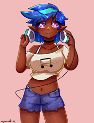 Size: 2550x3300 | Tagged: safe, alternate version, artist:mylittleyuri, dj pon-3, vinyl scratch, human, g4, belly, belly button, breasts, choker, clothes, cute, dark skin, elf ears, female, headphones, horn, horned humanization, humanized, midriff, pink background, short shirt, shorts, simple background, solo, vinylbetes