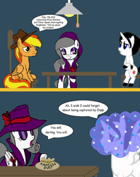 Size: 1320x1668 | Tagged: safe, artist:captainponyboy1999, oc, oc only, oc:bright star, oc:firey ratchet, oc:oliver spade, pegasus, pony, unicorn, amnesia dust, clothes, detective, fedora, female, hat, horn, interrogation, light, male, table, trenchcoat, trio