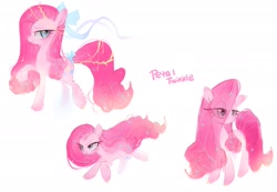 Size: 2048x1421 | Tagged: safe, artist:petaltwinkle, pinkie pie, earth pony, pony, g4, alternate hairstyle, bow, eye clipping through hair, female, furrowed brow, hair accessory, hair bow, lidded eyes, long mane, mare, pinkamena diane pie, raised hoof, running, simple background, smiling, solo, stars, tail, tail bow, unshorn fetlocks, white background, windswept mane