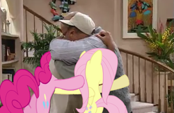 Size: 753x491 | Tagged: safe, artist:gogoqq, fluttershy, pinkie pie, earth pony, human, pegasus, pony, g4, butt, female, hug, irl, male, photo, plot, the fresh prince of bel-air, will smith