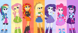 Size: 1984x832 | Tagged: safe, artist:pedro123emanuel, edit, applejack, fluttershy, pinkie pie, rainbow dash, rarity, sunset shimmer, twilight sparkle, human, equestria girls, g4, female, humane five, humane seven, humane six, shine like rainbows