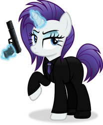 Size: 3183x3846 | Tagged: safe, artist:anime-equestria, rarity, pony, unicorn, g4, alternate hairstyle, clothes, eyeshadow, female, gun, handgun, horn, jewelry, john wick, levitation, magic, makeup, mare, necklace, simple background, solo, suit, telekinesis, transparent background, weapon