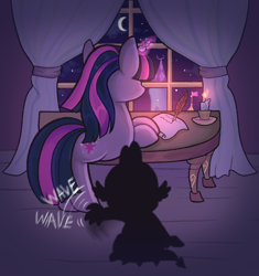 Size: 1158x1233 | Tagged: safe, artist:kreeeeeez, spike, twilight sparkle, g4, baby, baby spike, candle, duo, duo male and female, female, filly, filly twilight sparkle, male, quill, scroll, table, window, younger