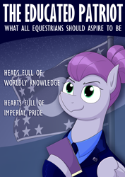 Size: 3000x4242 | Tagged: safe, artist:moonatik, pegasus, pony, new lunar millennium, alternate timeline, book, clothes, flag, flag of equestria, hair bun, necktie, nightmare takeover timeline, poster, propaganda poster, solo, suit