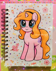 Size: 2248x2828 | Tagged: safe, artist:dariarchangel, oc, oc only, oc:dazha, pony, unicorn, g4, big eyes, blue eyes, cherry blossoms, cute, daaaaaaaaaaaw, female, flower, flower blossom, hairband, headband, horn, ocbetes, orange hair, orange mane, orange tail, photo, pink coat, sketchbook, small horn, smiling, solo, sparkles, standing, stars, sticker, tail, traditional art, unicorn oc