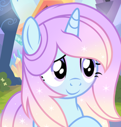 Size: 1220x1282 | Tagged: safe, artist:cstrawberrymilk, oc, oc only, oc:sugar comet, pony, unicorn, base used, blue coat, blushing, bust, crystal empire, eyelashes, eyeshadow, female, female oc, gradient mane, gradient tail, horn, lavender eyes, lavender eyeshadow, long mane, makeup, mare, mare oc, outdoors, purple eyes, purple eyeshadow, raised hoof, screencap background, smiling, solo, sparkly mane, sparkly tail, tail, unicorn horn, unicorn oc