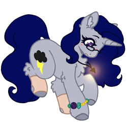 Size: 1000x1000 | Tagged: safe, artist:kazmuun, oc, oc only, oc:thunderstorm, pony, unicorn, blush lines, blushing, bracelet, chest fluff, clothes, colored hooves, colored pinnae, ear fluff, female, glasses, hooves, horn, jewelry, leg fluff, mare, necklace, pentagram, purple eyes, simple background, solo, stockings, thigh highs, toeless legwear, toeless stockings, transparent background