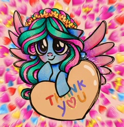 Size: 2846x2925 | Tagged: safe, artist:dariarchangel, oc, oc only, oc:camellia, pegasus, pony, g4, big eyes, blue coat, blushing, bust, colored wings, cute, daaaaaaaaaaaw, ear blush, emoji, female, floppy ears, floral head wreath, flower, heart, mare, multicolored hair, multicolored mane, multicolored wings, ocbetes, pegasus oc, portrait, purple eyes, reaction image, shy, shy smile, smiling, spread wings, thank you, traditional art, two toned hair, two toned mane, two toned wings, wings