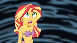 Size: 1280x718 | Tagged: safe, artist:catoon28, sunset shimmer, mermaid, equestria girls, g4, my little pony equestria girls: friendship games, 1000 hours in ms paint, bare shoulders, bra, breasts, cleavage, clothes, concave belly, crossover, looking up, mermaidized, now sing, poor unfortunate souls, seashell, seashell bra, shocked, singing, solo, species swap, the little mermaid, thin, underwear, voice