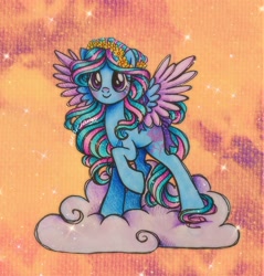 Size: 2436x2553 | Tagged: safe, artist:dariarchangel, oc, oc:camellia, pegasus, pony, g4, big eyes, blue coat, blushing, bow, cloud, colored wings, cute, female, floral head wreath, flower, long hair, long mane, long tail, multicolored hair, multicolored mane, multicolored tail, multicolored wings, ocbetes, on a cloud, pegasus oc, purple eyes, raised hoof, ribbon, sky, smiling, sparkles, spread wings, standing, standing on a cloud, standing on three hooves, tail, tail bow, two toned hair, two toned mane, two toned tail, two toned wings, wavy hair, wavy mane, wavy tail, wings