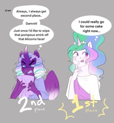 Size: 1224x1317 | Tagged: safe, artist:aztrial, opaline arcana, princess celestia, alicorn, anthro, g5, :p, alternate hairstyle, angry, clothes, crown, duo, duo female, female, gray background, gritted teeth, jewelry, paper, regalia, shirt, simple background, teeth, test, thought bubble, tongue out, younger