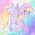 Size: 1750x1750 | Tagged: safe, artist:vivian reed, derpy hooves, pegasus, pony, g4, clothes, colored wings, colored wingtips, cute, derpabetes, fairy kei, female, food, frosting, gradient background, mare, multicolored wings, no pupils, rainbow background, smiling, solo, spread wings, stockings, thigh highs, toeless legwear, wings