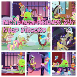 Size: 1280x1280 | Tagged: safe, artist:xxxkayceejrxxx, edit, edited screencap, screencap, applejack, discord, fluttershy, maud pie, parcel post, pinkie pie, post haste, rainbow dash, smooze, tree hugger, twilight sparkle, alicorn, draconequus, earth pony, pegasus, pony, g4, make new friends but keep discord, season 5, clothes, dress, female, fluttershy's cottage (interior), gala dress, male, mare, ponyville, the discord zone, twilight sparkle (alicorn)