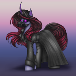 Size: 3000x3000 | Tagged: safe, artist:darklight1315, pony of shadows, oc, oc only, oc:shard, pony, unicorn, fallout equestria, g4, clothes, fallout equestria: mayday, gradient background, horn, respirator, solo, trenchcoat