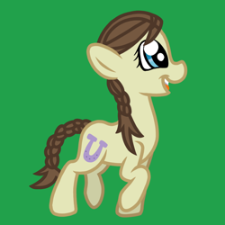 Size: 768x768 | Tagged: safe, artist:nintendoponies, heidi hay, earth pony, pony, g4, braid, braided pigtails, braided tail, cute, female, filly, foal, green background, heidibetes, open mouth, open smile, pigtails, raised hoof, raised leg, simple background, smiling, solo, tail