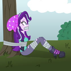 Size: 2000x2000 | Tagged: safe, artist:nie-martw-sie-o-mnie, starlight glimmer, human, equestria girls, equestria girls specials, g4, my little pony equestria girls: mirror magic, beanie, bondage, boots, bound and gagged, clothes, female, femsub, gag, hat, high heels, leggings, outdoors, shoes, solo, submissive, tape, tape bondage, tape gag, torn clothes, tree, vest