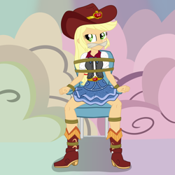 Size: 2500x2500 | Tagged: safe, artist:nie-martw-sie-o-mnie, part of a set, applejack, human, equestria girls, equestria girls specials, g4, my little pony equestria girls: dance magic, applesub, belt, bondage, boots, bound and gagged, chair, cleave gag, cloth gag, clothes, cowboy boots, cowboy hat, cowgirl, denim, denim skirt, female, femsub, gag, hat, rope, rope bondage, shoes, skirt, solo, stetson, submissive