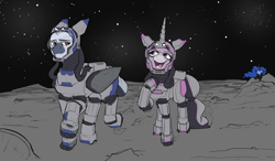 Size: 5441x3180 | Tagged: safe, artist:boxu, nightmare moon, oc, oc:morning frost, oc:orion zephyr, alicorn, pegasus, pony, unicorn, fanfic:somnambulance, g4, annoyed, astronaut, glasses, horn, lurking, moon, pegasus oc, sketch, space helmet, spacesuit, stars, trio, unicorn oc