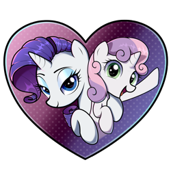 Size: 2850x2850 | Tagged: safe, artist:mizhisha, rarity, sweetie belle, pony, unicorn, g4, belle sisters, cute, diasweetes, duo, duo female, female, filly, foal, heart, horn, looking at you, mare, open mouth, partially transparent background, raribetes, siblings, simple background, sisters, transparent background