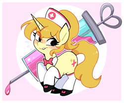 Size: 1619x1339 | Tagged: safe, artist:syrupyyy, oc, oc only, oc:nurse goldenheart, pony, unicorn, blushing, bowtie, clothes, hat, horn, necktie, nervous, nervous smile, nurse, nurse hat, pixel-crisp art, simple background, smiling, socks, syringe, unicorn oc, yellow coat, yellow mane