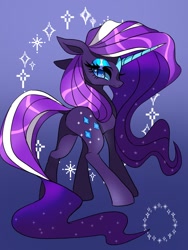 Size: 1200x1600 | Tagged: safe, artist:stacy_165cut, nightmare rarity, pony, unicorn, g4, blue eyes, blue eyeshadow, blue sclera, butt, coat markings, colored horn, colored sclera, concave belly, eyelashes, eyeshadow, facial markings, female, floppy ears, flowing mane, flowing tail, frown, gradient background, gradient mane, gradient tail, horn, lidded eyes, long eyelashes, long horn, long mane, long tail, looking back, makeup, mare, plot, purple coat, rearity, shiny eyelashes, shiny mane, shiny tail, slender, slit pupils, solo, sparkles, sparkly mane, sparkly tail, star (coat marking), striped mane, striped tail, tail, thick eyelashes, thin, two toned mane, two toned tail, wall of tags, wavy mane, wavy tail