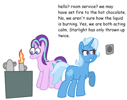 Size: 2000x1577 | Tagged: safe, artist:zoeyhorse, starlight glimmer, trixie, pony, unicorn, g4, dialogue, duo, duo female, female, fire, horn, intercom, kettle, looking at something, mare, mug, narrowed eyes, no pupils, simple background, smiling, white background