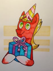 Size: 1345x1809 | Tagged: safe, artist:hyperradar, sprout cloverleaf, earth pony, pony, g5, birthday, gift art, happy, hat, party hat, present, smiling, solo