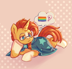 Size: 2291x2181 | Tagged: safe, artist:alex6886, sunburst, pony, unicorn, g4, cape, clothes, coat markings, emoji, gay pride flag, glasses, horn, lying down, male, pink background, pride, pride flag, question, question mark, simple background, socks (coat markings), solo, stallion, thought bubble