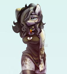 Size: 1821x2023 | Tagged: safe, artist:flowerasha, oc, oc only, anthro, arm behind head, boob window, breasts, cleavage, clothes, coat markings, collar, dappled, dress, female, hair over one eye, lidded eyes, looking at you, simple background, socks, solo, thigh highs