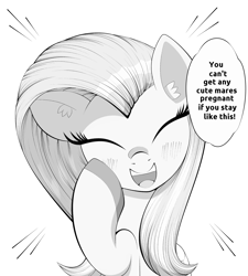 Size: 2700x3000 | Tagged: safe, artist:scandianon, fluttershy, pegasus, pony, g4, female, happy, hoof on chin, implied bestiality, implied pregnancy, implied sex, mare, monochrome, open mouth, open smile, raised hoof, simple background, smiling, solo, white background