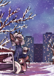 Size: 1679x2374 | Tagged: safe, artist:lonerdemiurge_nail, oc, oc only, oc:sunrise roast, pony, unicorn, bench, city, clothes, coffee, coffee cup, commission, cup, evening, horn, lights, snow, snowfall, solo, sweater, tree, winter, ych result