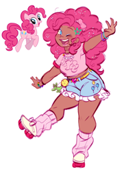 Size: 2600x3245 | Tagged: safe, artist:chibicmps, gummy, pinkie pie, crocodile, human, pony, g4, blushing, bracelet, clothes, cute, cutie mark on clothes, dark skin, diapinkes, eyeshadow, female, hairpin, high res, humanized, jewelry, leg warmers, lipstick, looking at you, makeup, mare, midriff, no pupils, one eye closed, open mouth, open smile, roller skates, scrunchie, shirt, shorts, simple background, skates, smiling, smiling at you, standing, standing on one leg, star hairpin, white background, wink, winking at you