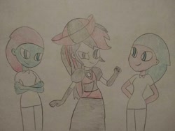 Size: 1040x780 | Tagged: safe, artist:arrowsweetie, aloe, lotus blossom, oc, oc:red arrow, human, equestria girls, g4, british, clothes, disguise, dress, impostor, long dress, long skirt, skirt, spa twins, traditional art