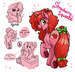 Size: 3938x3778 | Tagged: safe, artist:opalacorn, oc, oc only, oc:strawberry squeeze, pony, unicorn, bow, butt, commission, dollar sign, drink, eyes closed, female, floppy ears, freckles, horn, looking at you, looking back, looking back at you, mare, milkshake, open mouth, open smile, plants, plot, simple background, smiling, smiling at you, solo, tail, tail bow, underhoof, watering, watering can, white background