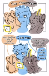 Size: 2640x4096 | Tagged: safe, artist:opalacorn, oc, oc only, earth pony, pony, unicorn, 2 panel comic, cellphone, coat markings, comic, commission, curved horn, dialogue, facial markings, female, frown, furrowed brow, group photo, horn, levitation, limited palette, magic, male, mare, open mouth, open smile, phone, simple background, smartphone, smiling, speech bubble, stallion, star (coat marking), telekinesis, trio, wall eyed, white background