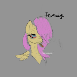 Size: 3000x3000 | Tagged: safe, artist:toxikil, fluttershy, pegasus, pony, g4, bloodshot eyes, bust, drugs, flutterhigh, high, joint, marijuana, red eyes, simple background, sketch, sketch dump, smoking, solo, wings