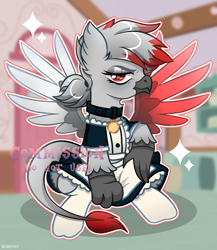 Size: 1920x2212 | Tagged: safe, artist:scarffist, oc, oc only, griffon, clothes, collar, commission, female, gray feathers, long tail, maid, red eyes, short hair, solo, sparkles, stockings, tail, thigh highs, wings, ych result