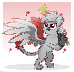 Size: 3855x3755 | Tagged: safe, artist:scarffist, oc, oc only, griffon, base used, baseball bat, commission, cute, female, gradient background, gray feathers, passepartout, red eyes, serious, serious face, solo, sparkles, wings, ych result