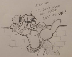 Size: 2797x2232 | Tagged: safe, artist:jargon scott, oc, oc only, oc:dyx, alicorn, pony, climbing, dialogue, female, filly, foal, frown, grayscale, monochrome, open mouth, pencil drawing, solo, traditional art, wall, yelling