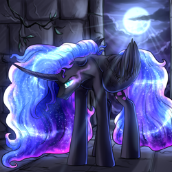 Size: 2048x2048 | Tagged: safe, artist:not-ordinary-pony, derpibooru exclusive, nightmare moon, alicorn, g4, castle of the royal pony sisters, ethereal mane, female, glowing, glowing eyes, glowing mane, head down, mare, moon, night, solo, starry mane