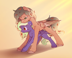 Size: 2400x1952 | Tagged: safe, artist:itssim, oc, oc only, oc:sunset dream, oc:timid poker, pegasus, pony, blushing, commission, duo, female, folded wings, high res, mare, pegasus oc, size difference, smiling, tail, wings